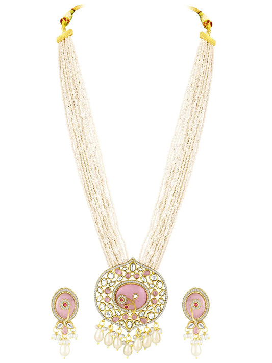 Traditional Pearl Multi Strand Necklace Set - Pink - White