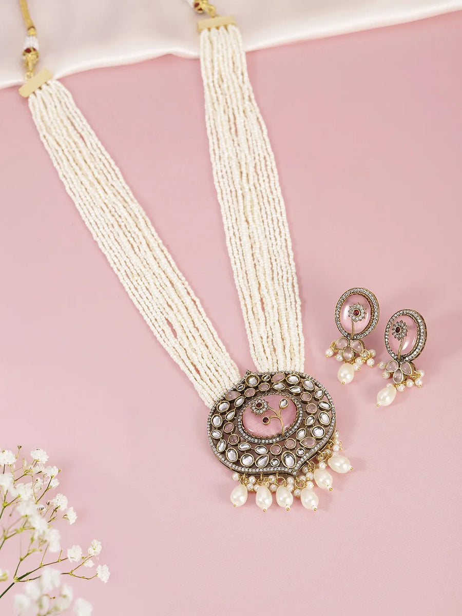 Traditional Pearl Multi Strand Necklace Set - Pink - White