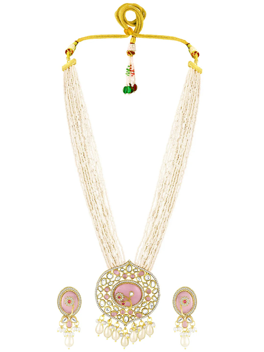 Traditional Pearl Multi Strand Necklace Set - Pink - White