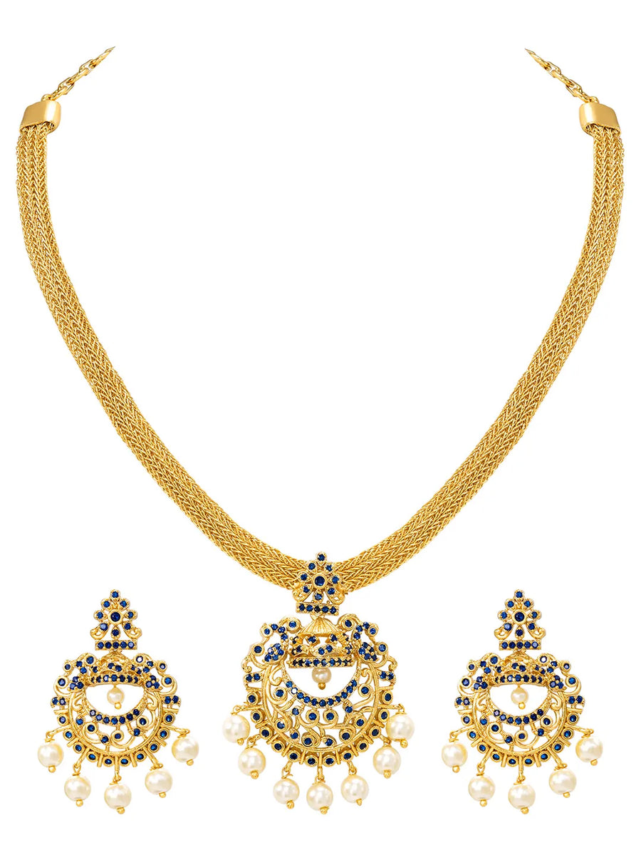 Gold Plated Blue Gemstone Necklace Set with Earrings