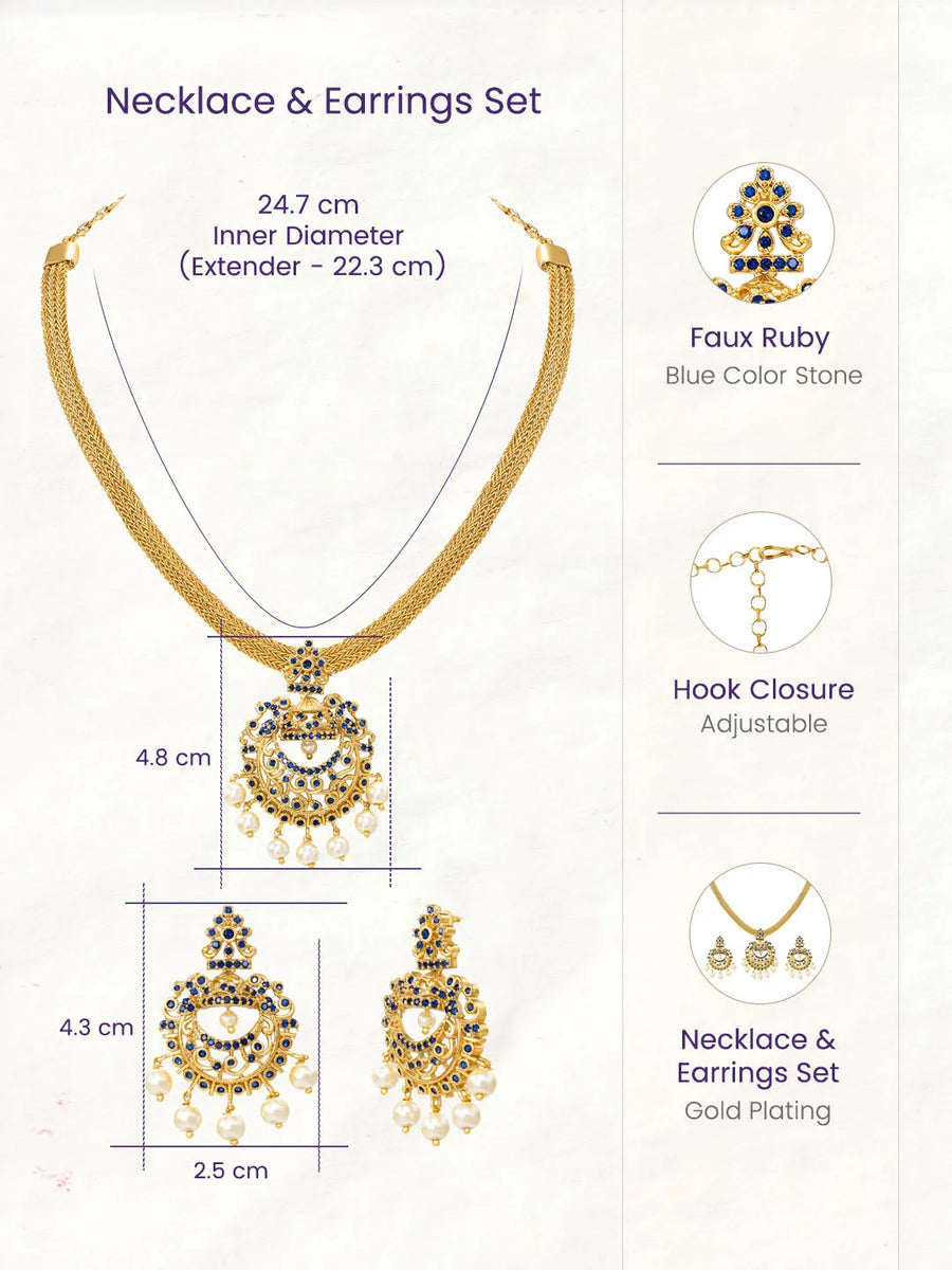 Gold Plated Blue Gemstone Necklace Set with Earrings