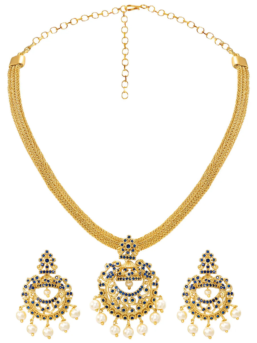 Gold Plated Blue Gemstone Necklace Set with Earrings