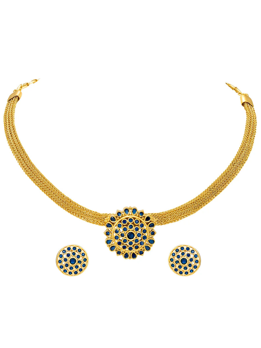 Gold Plated Blue Gemstone Mesh Choker Set