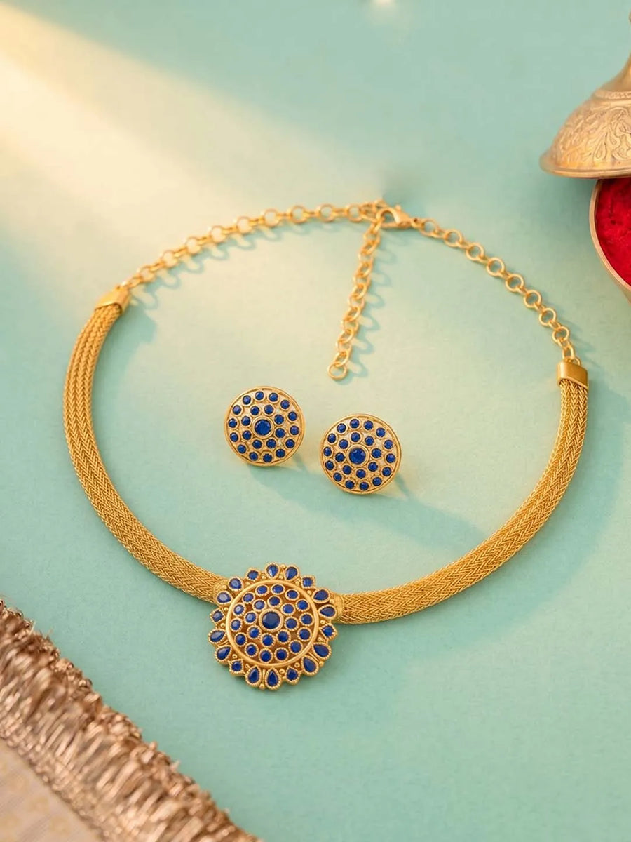 Gold Plated Blue Gemstone Mesh Choker Set