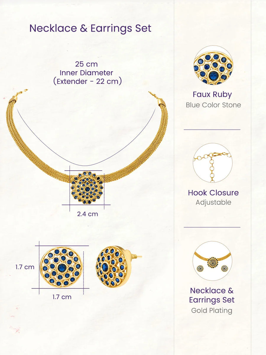 Gold Plated Blue Gemstone Mesh Choker Set