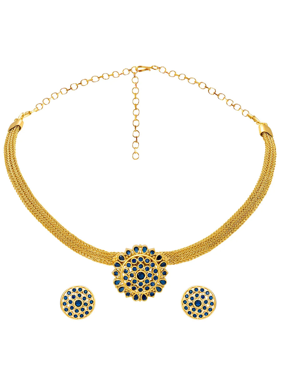 Gold Plated Blue Gemstone Mesh Choker Set