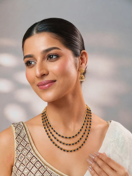 Peora Lakshmi Jhumki Gold Blue Layer Necklace Set