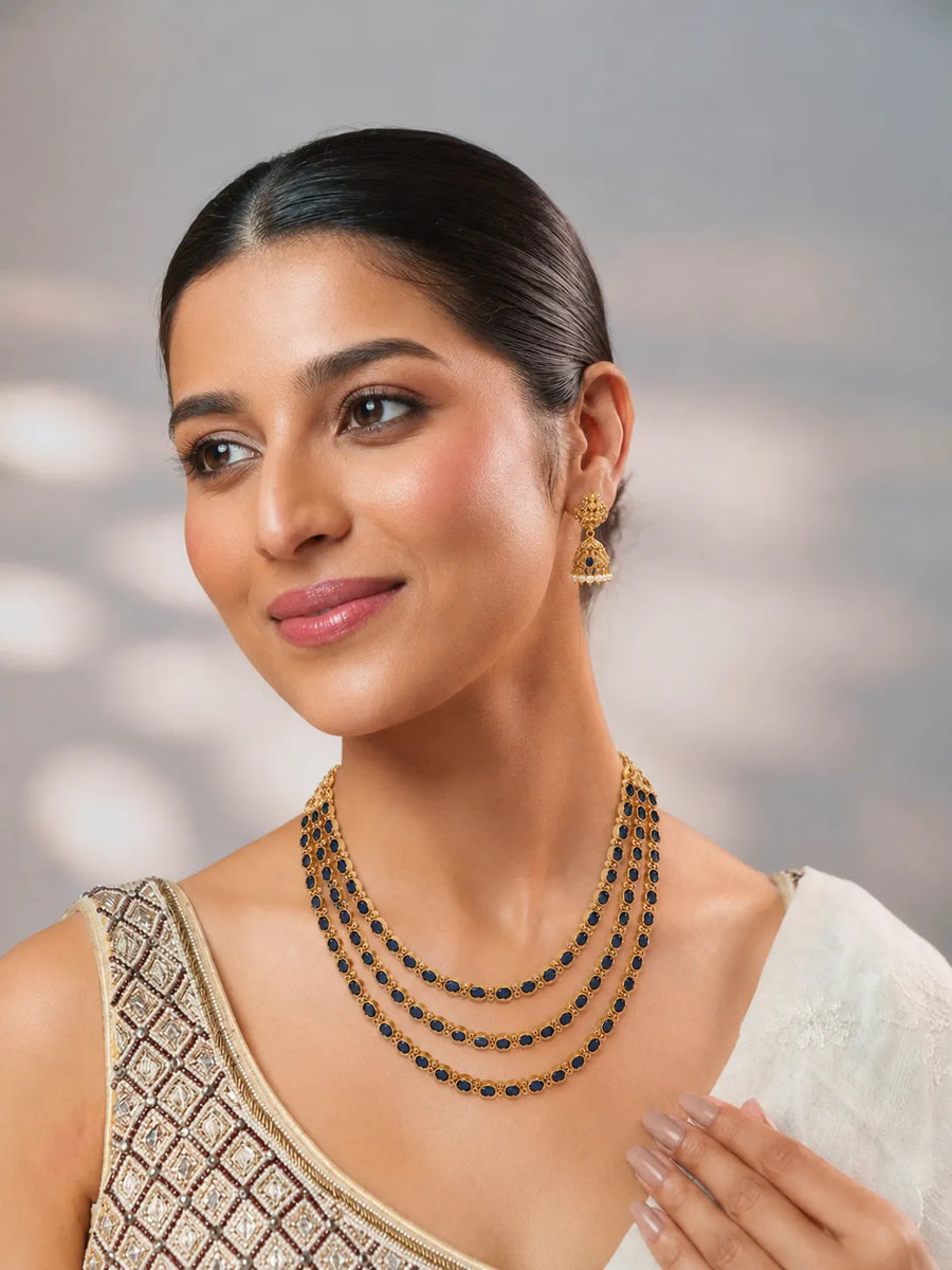 Peora Lakshmi Jhumki Gold Blue Layer Necklace Set