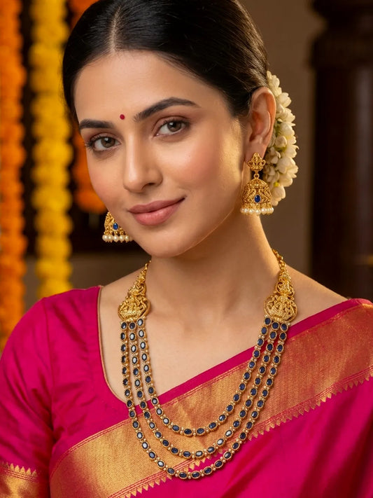 Peora Lakshmi Jhumki Gold Blue Layer Necklace Set