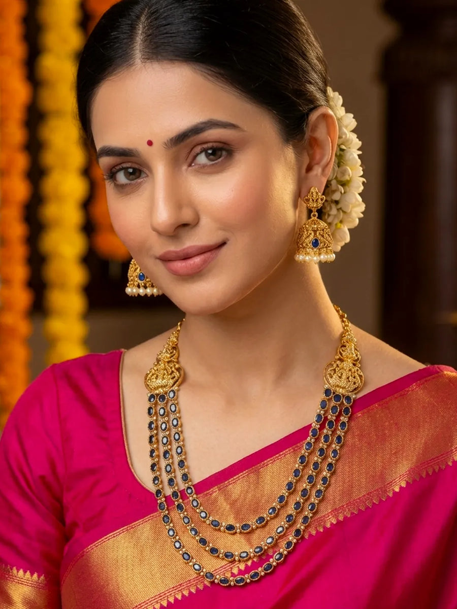 Peora Lakshmi Jhumki Gold Blue Layer Necklace Set