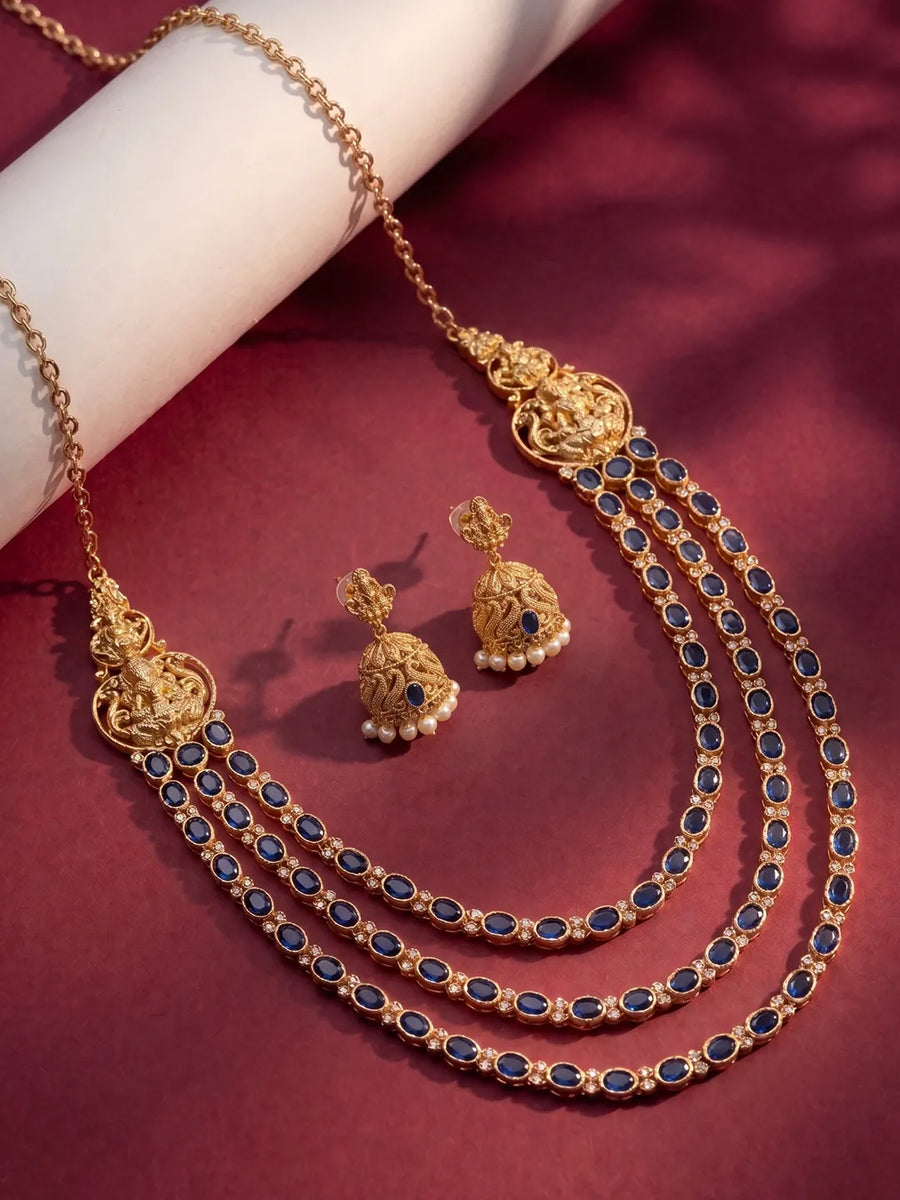 Peora Lakshmi Jhumki Gold Blue Layer Necklace Set