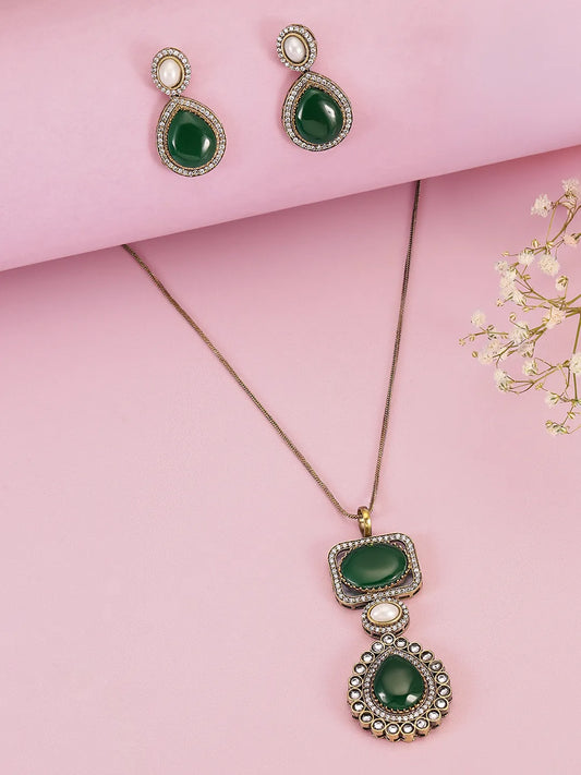 Glamorous CZ & Crystal Pendant Set - Green-White