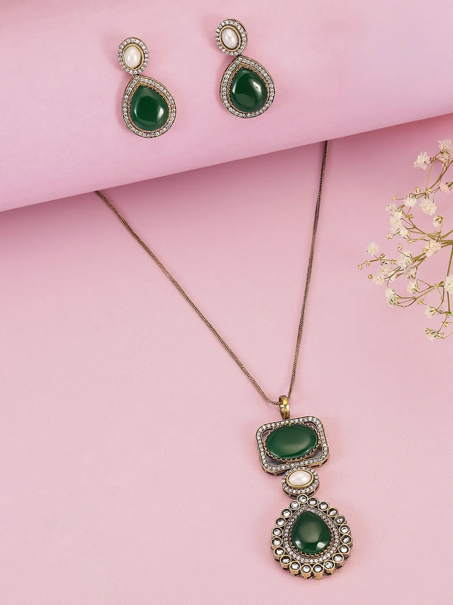Glamorous CZ & Crystal Pendant Set - Green-White