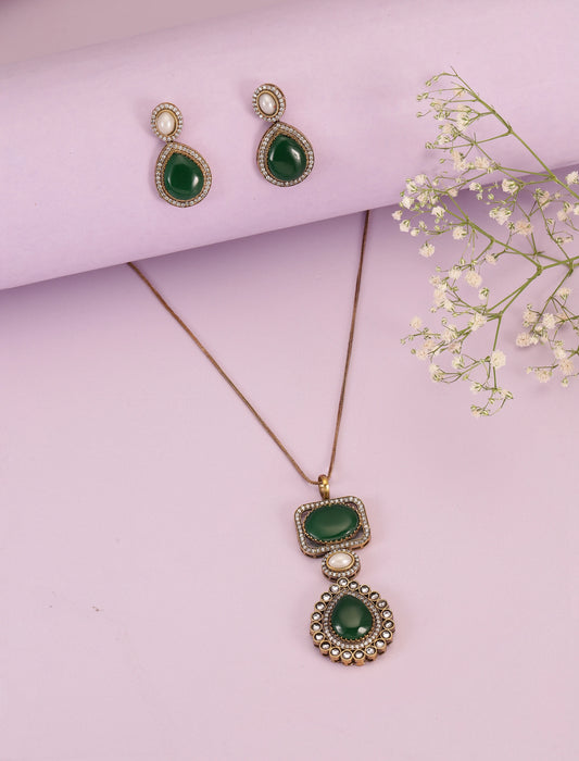 Glamorous CZ & Crystal Pendant Set - Green-White