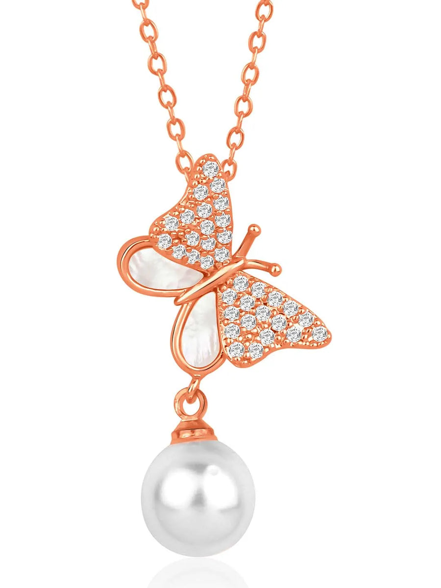 Pearl & CZ Flutter Pendant Chain – Elegant Fashion Jewellery by Peora

