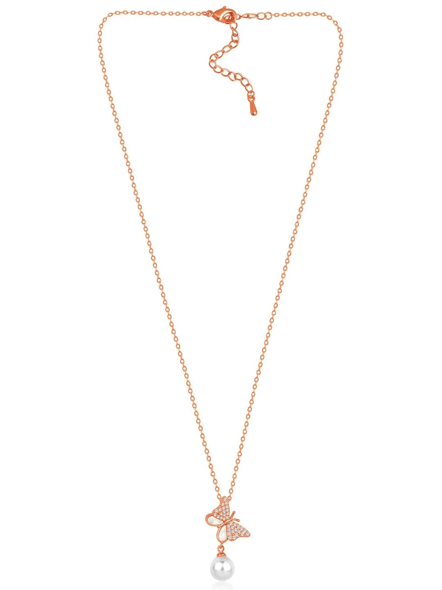 Pearl & CZ Flutter Pendant Chain – Elegant Fashion Jewellery by Peora

