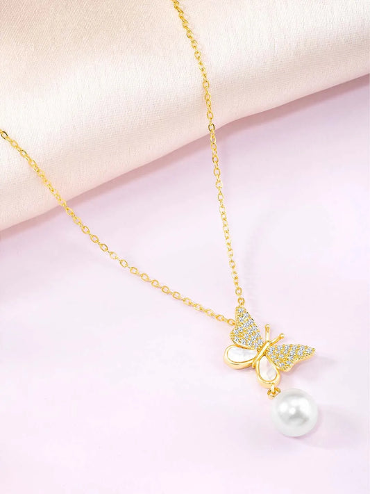Pearl & CZ Flutter Pendant Chain – Elegant Fashion Jewellery by Peora

