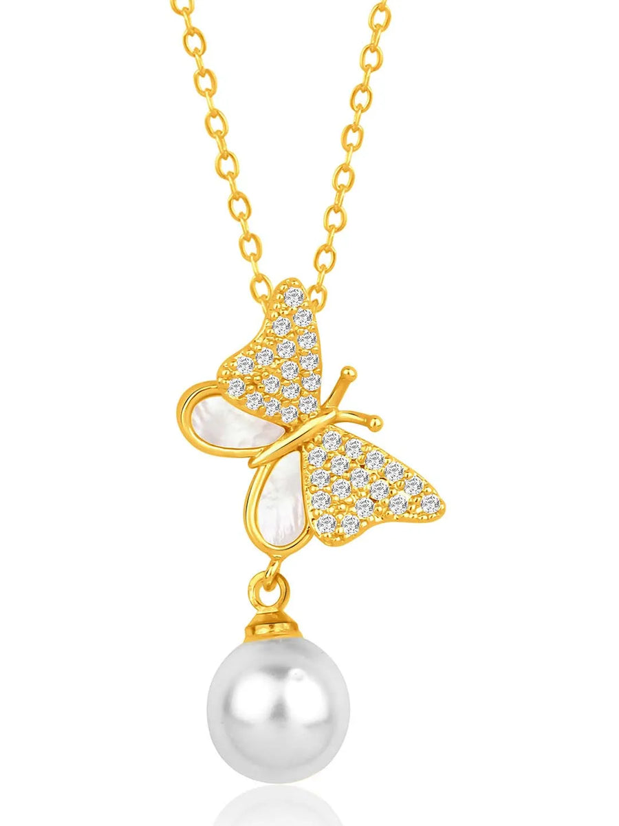 Pearl & CZ Flutter Pendant Chain – Elegant Fashion Jewellery by Peora

