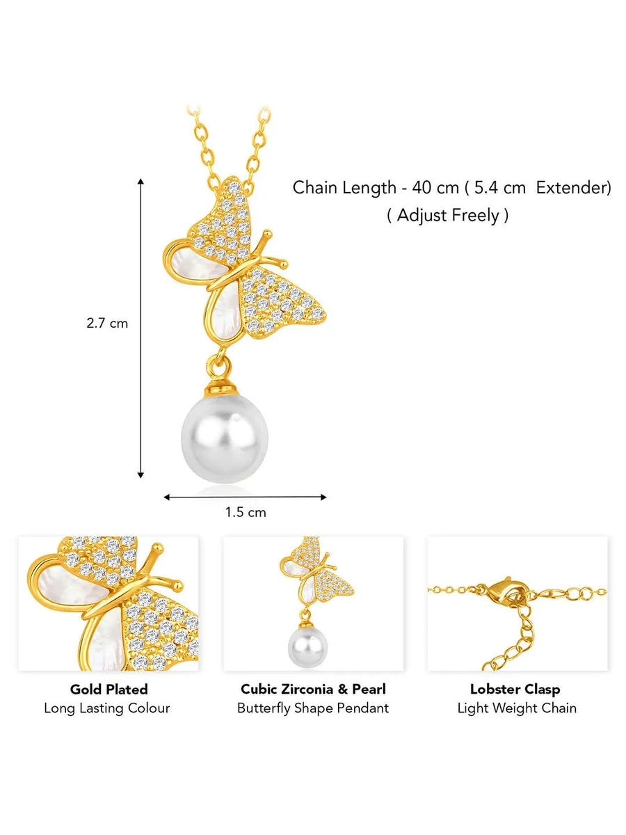 Pearl & CZ Flutter Pendant Chain – Elegant Fashion Jewellery by Peora


