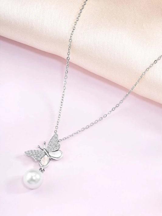 Pearl & CZ Flutter Pendant Chain – Elegant Fashion Jewellery by Peora

