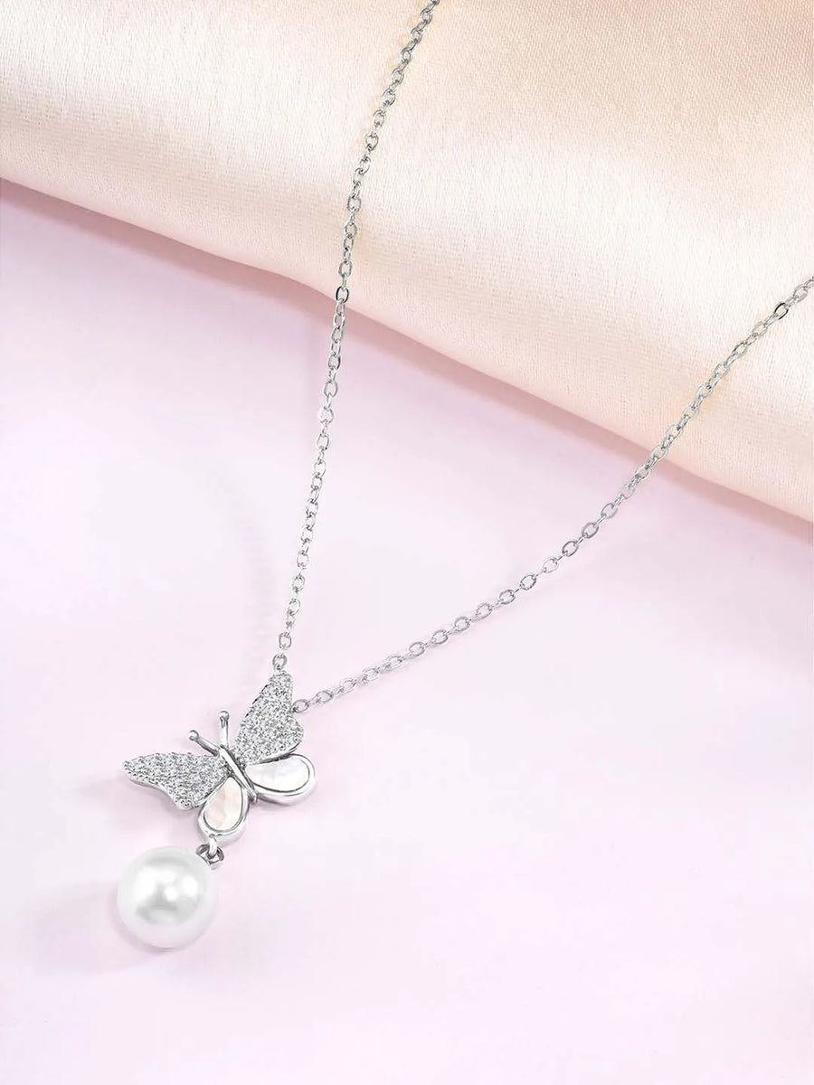 Pearl & CZ Flutter Pendant Chain – Elegant Fashion Jewellery by Peora


