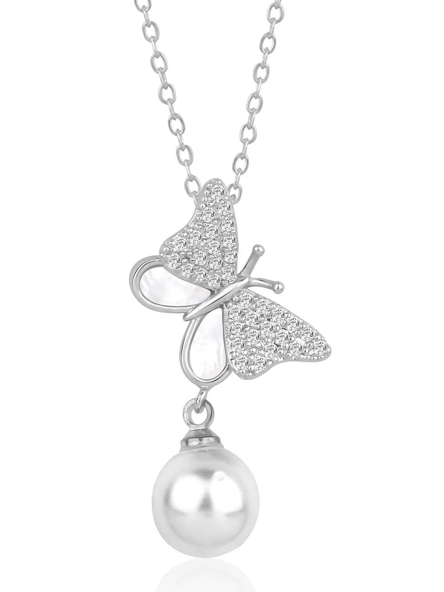 Pearl & CZ Flutter Pendant Chain – Elegant Fashion Jewellery by Peora

