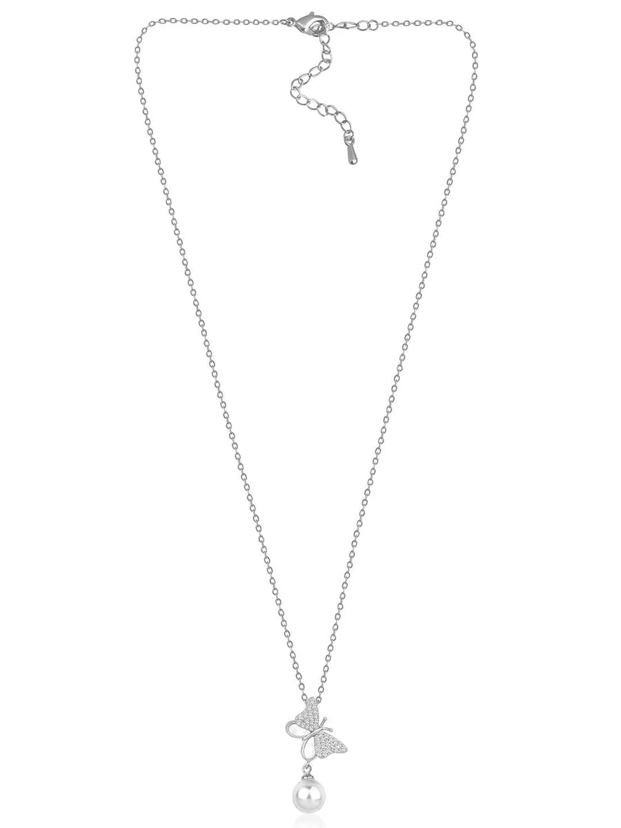 Pearl & CZ Flutter Pendant Chain – Elegant Fashion Jewellery by Peora

