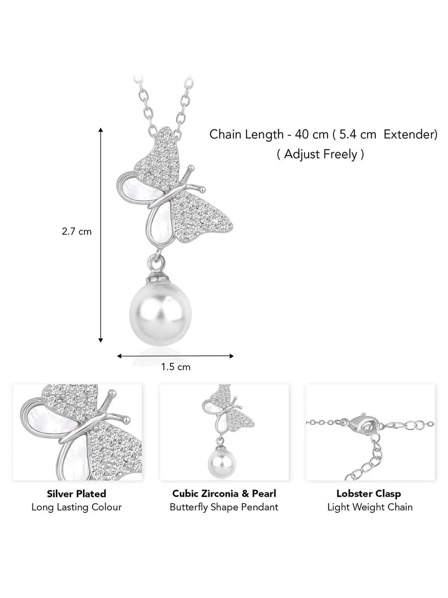 Pearl & CZ Flutter Pendant Chain – Elegant Fashion Jewellery by Peora

