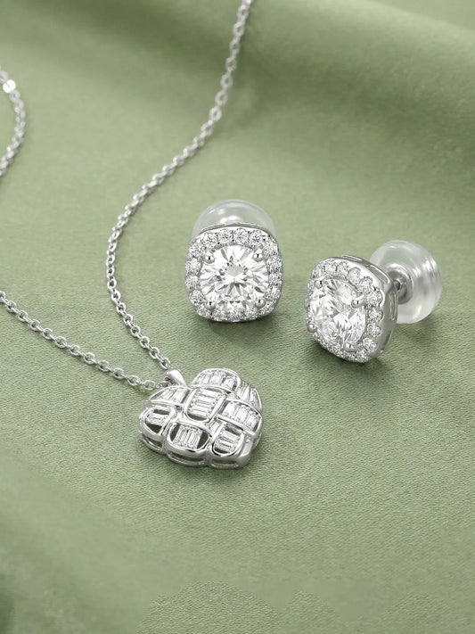 Modern Heart Pendant with Halo Diamond Studs