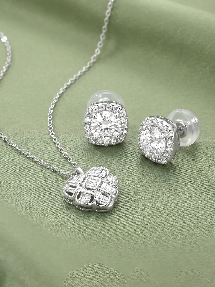 Modern Heart Pendant with Halo Diamond Studs