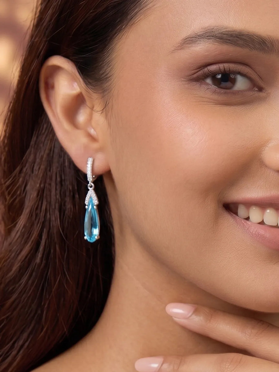 Grand Blue Drop Earrings Rhodium Plated