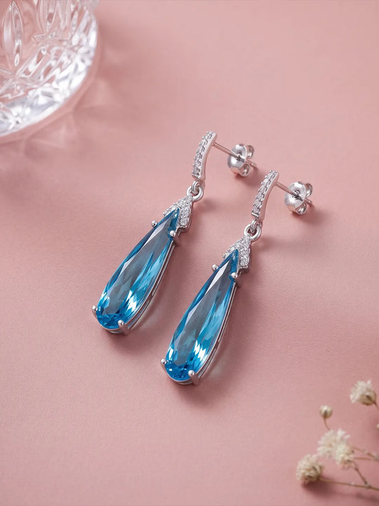 Grand Blue Drop Earrings Rhodium Plated