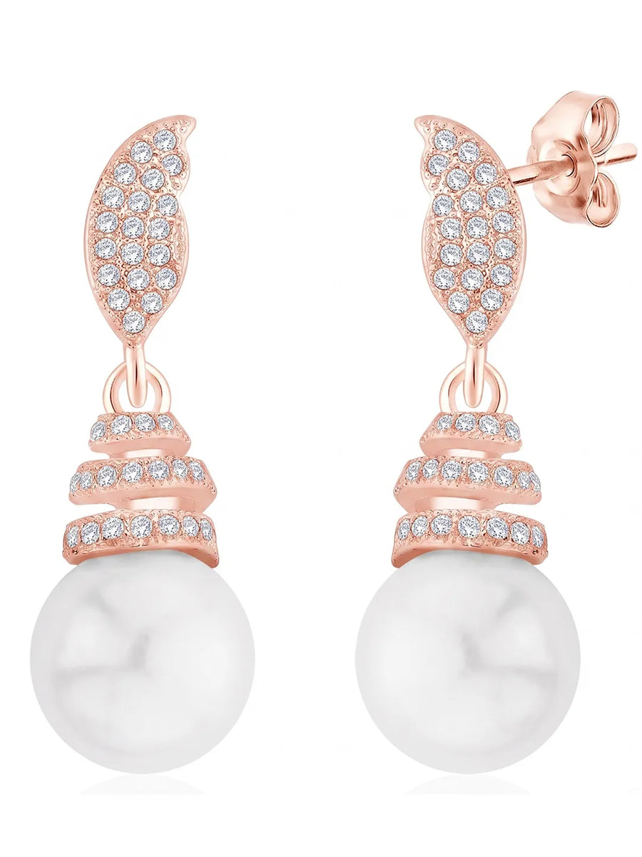Luminous Pearl Leaf Earrings Rose Gold Plated