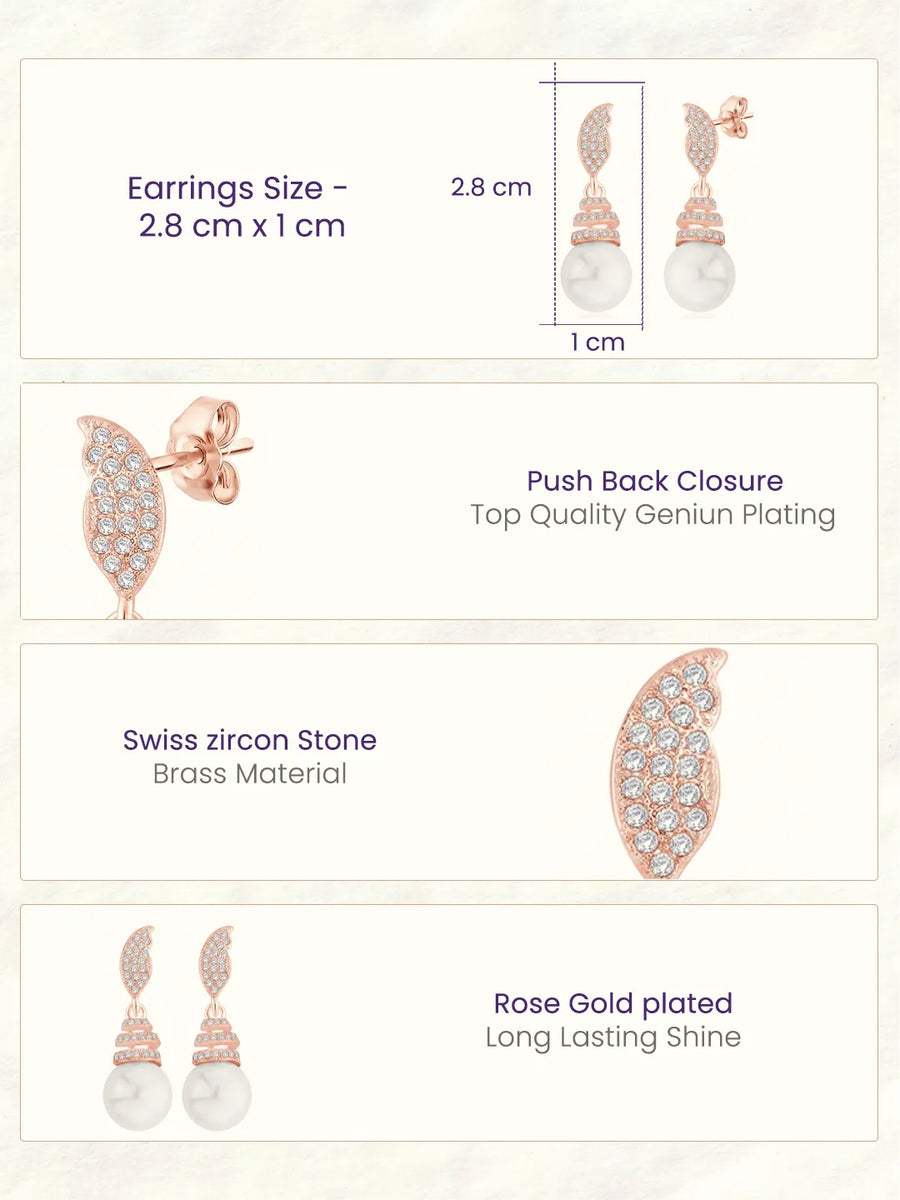Luminous Pearl Leaf Earrings Rose Gold Plated
