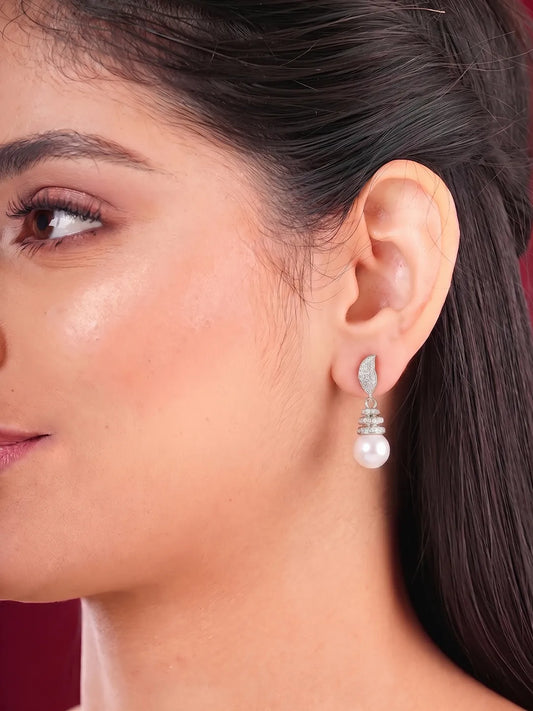 Luminous Pearl Leaf Earrings Rhodium Plated