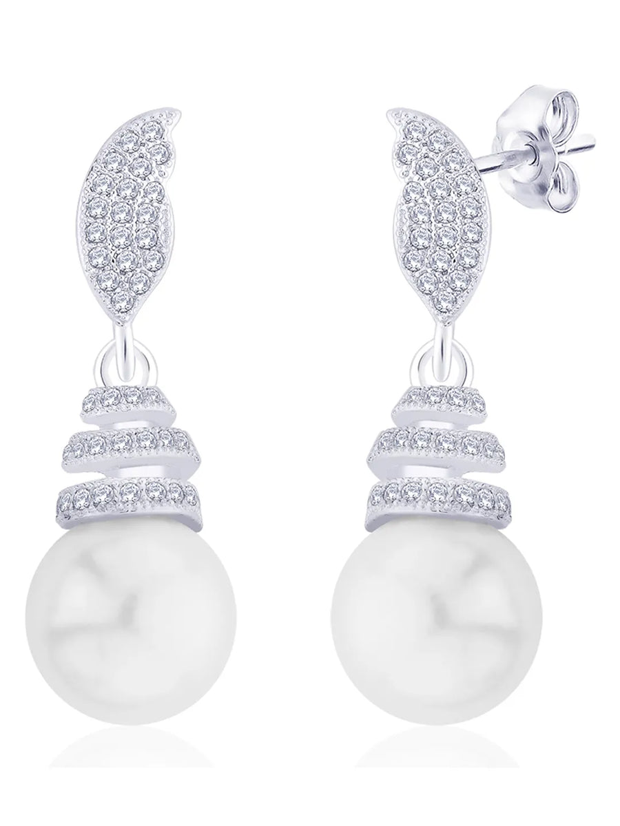 Luminous Pearl Leaf Earrings Rhodium Plated