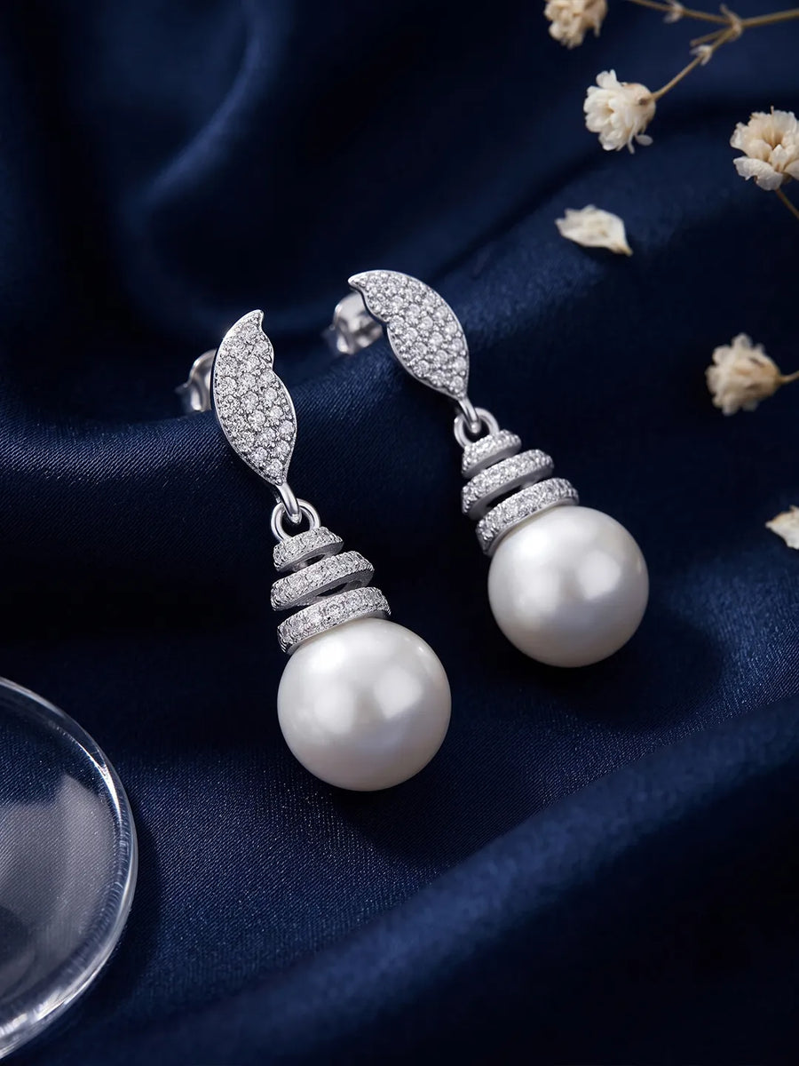 Luminous Pearl Leaf Earrings Rhodium Plated