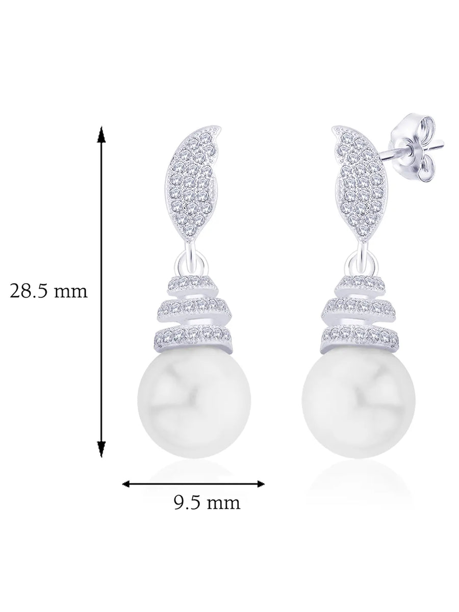 Luminous Pearl Leaf Earrings Rhodium Plated