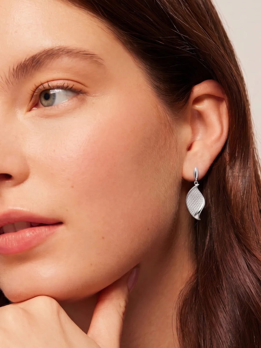 Modern Petal Drop Earrings Rhodium Plated