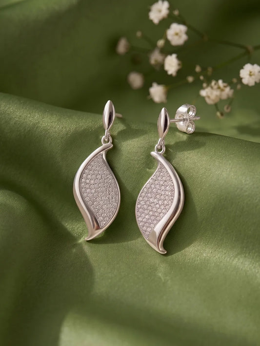 Modern Petal Drop Earrings Rhodium Plated