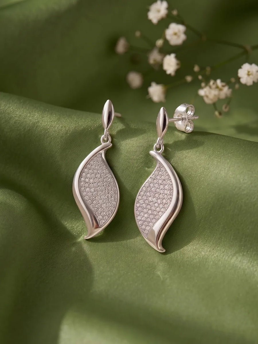 Modern Petal Drop Earrings Rhodium Plated