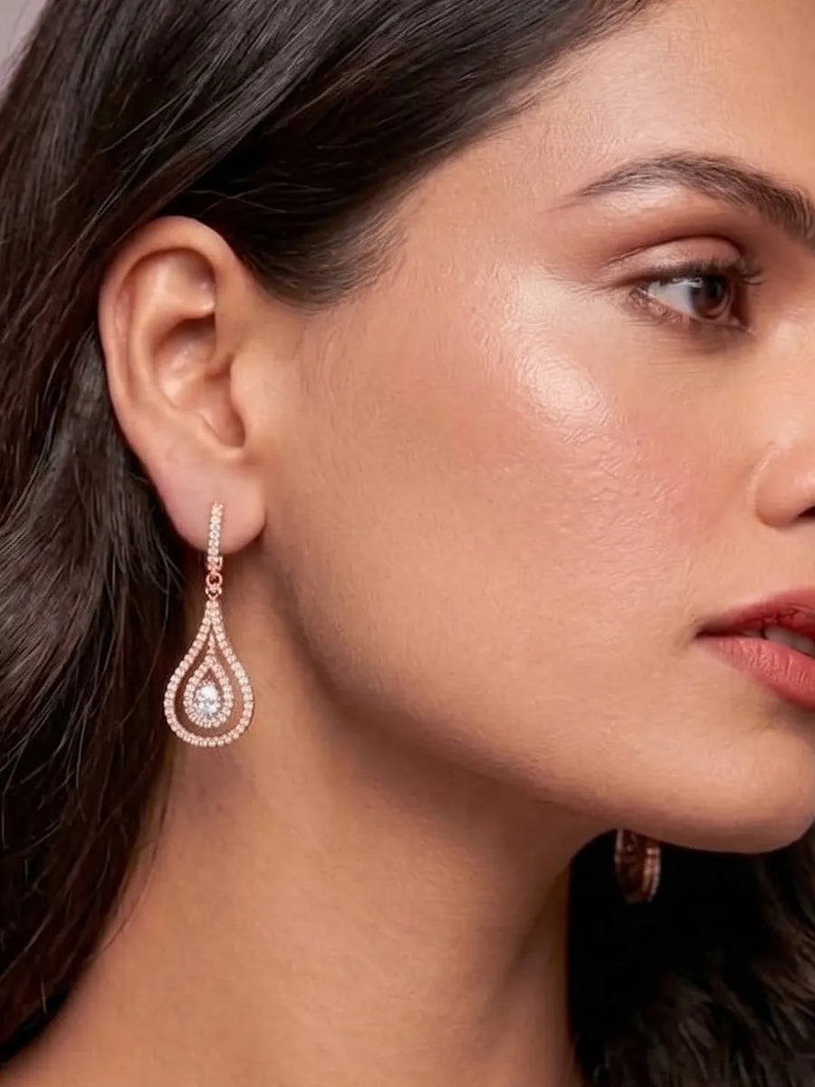 Nested Halo Drop Earrings Rose Gold Plated