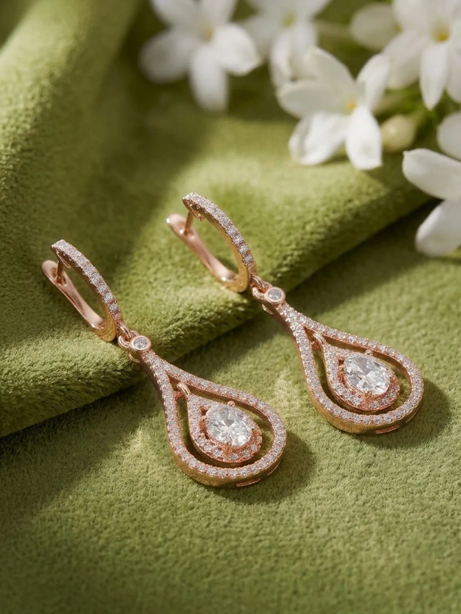 Nested Halo Drop Earrings Rose Gold Plated