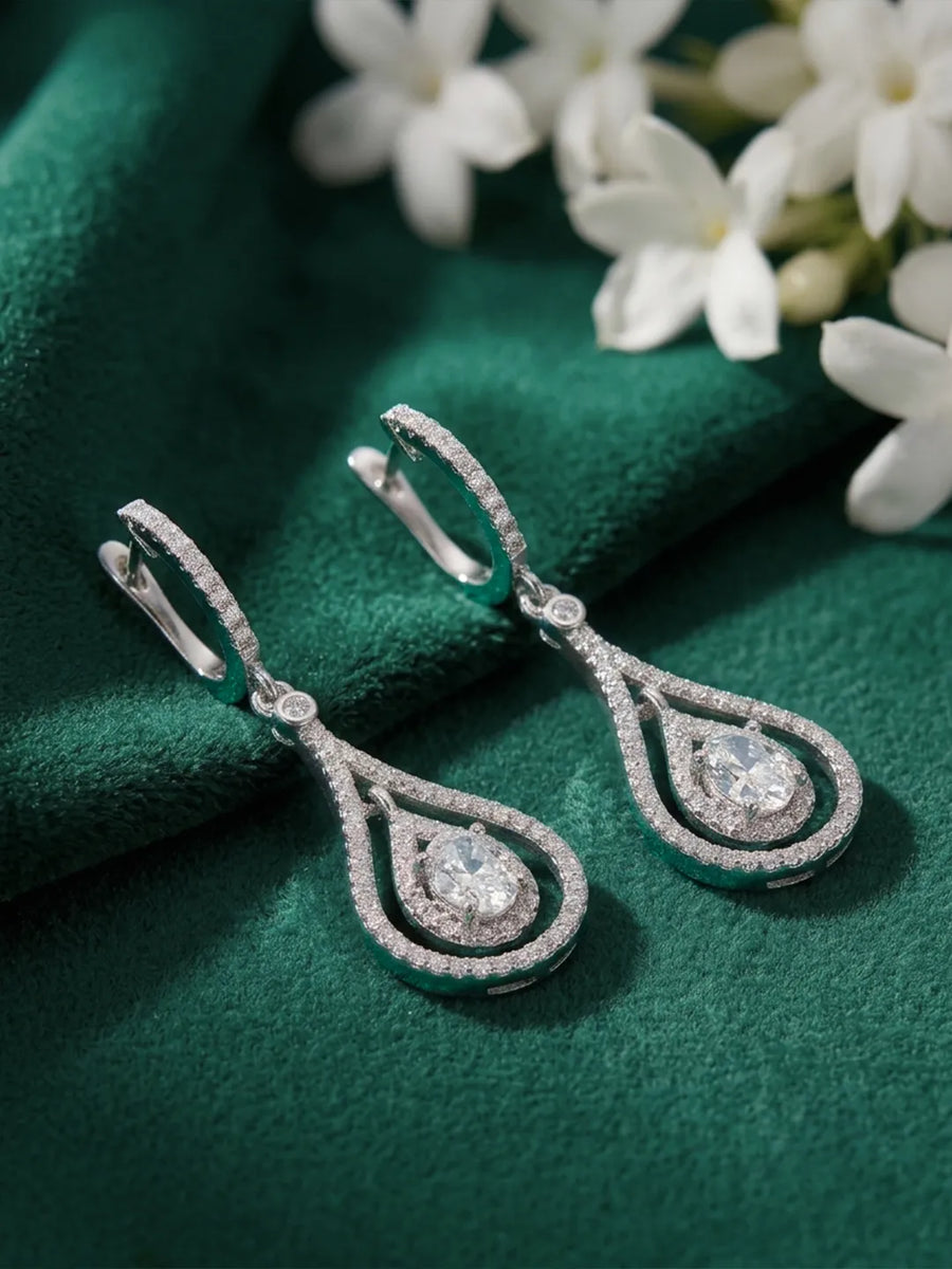 Nested Halo Drop Earrings Rhodium Plated