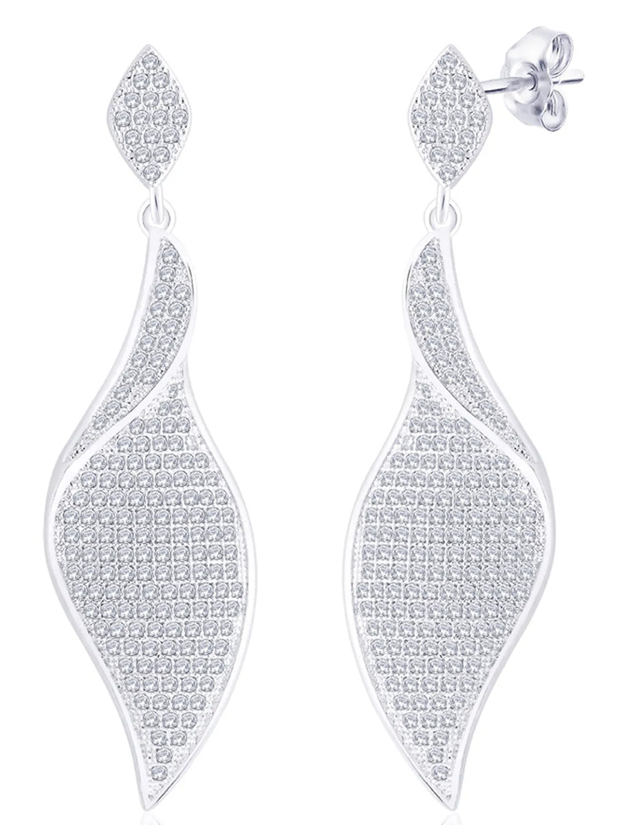 Flowing Leaf Drop Earrings Rhodium Plated