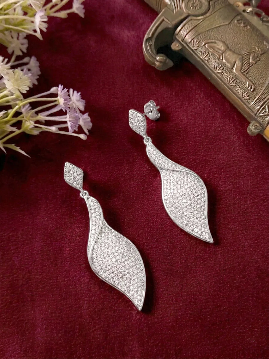 Flowing Leaf Drop Earrings Rhodium Plated
