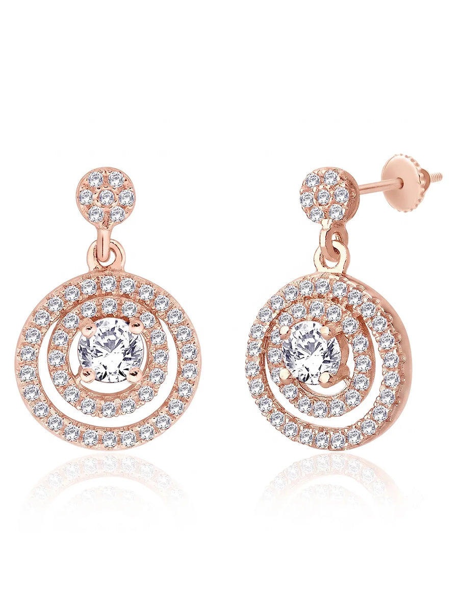 Double Ring Drop Earrings Rose Gold Plated