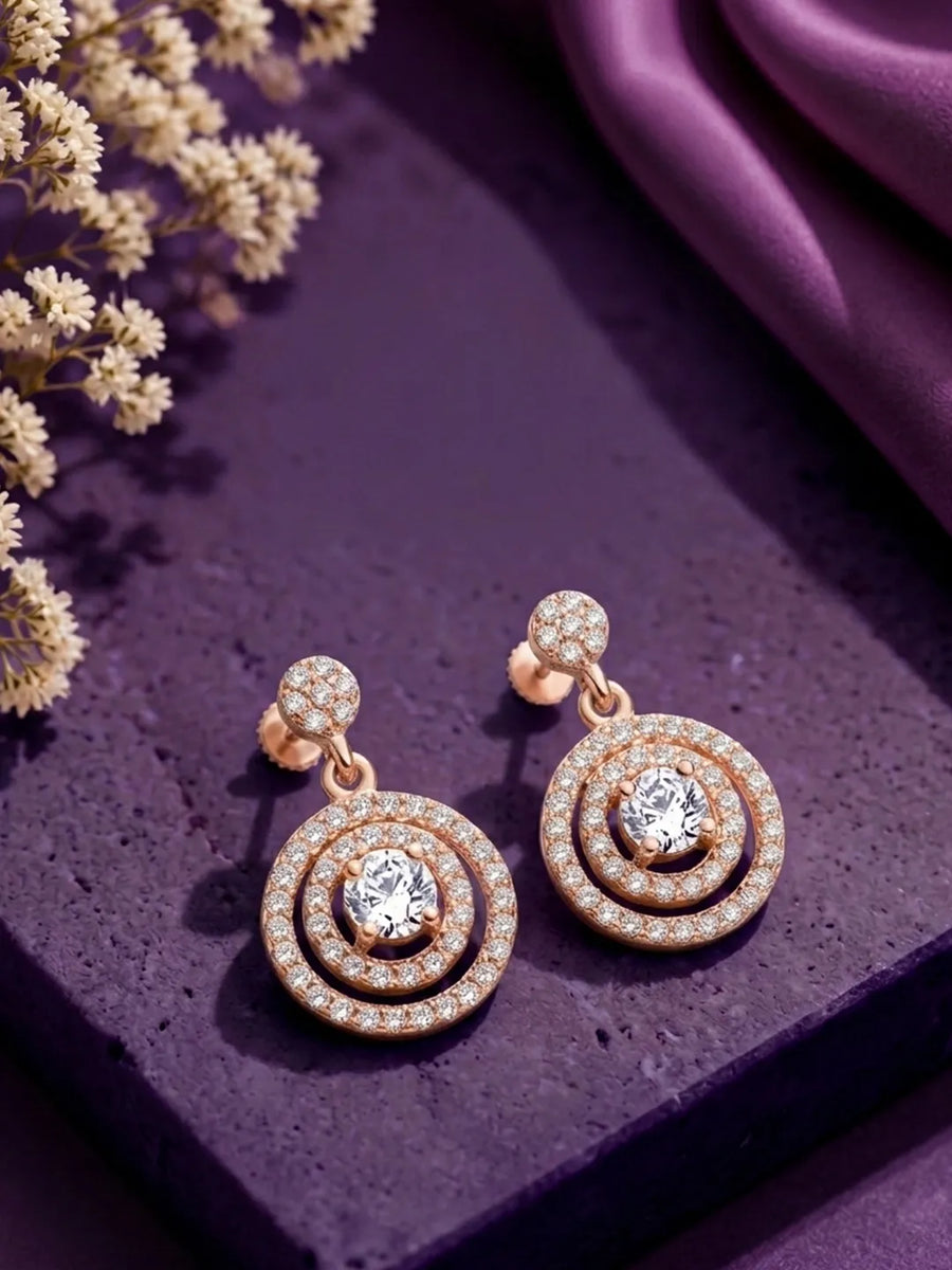 Double Ring Drop Earrings Rose Gold Plated
