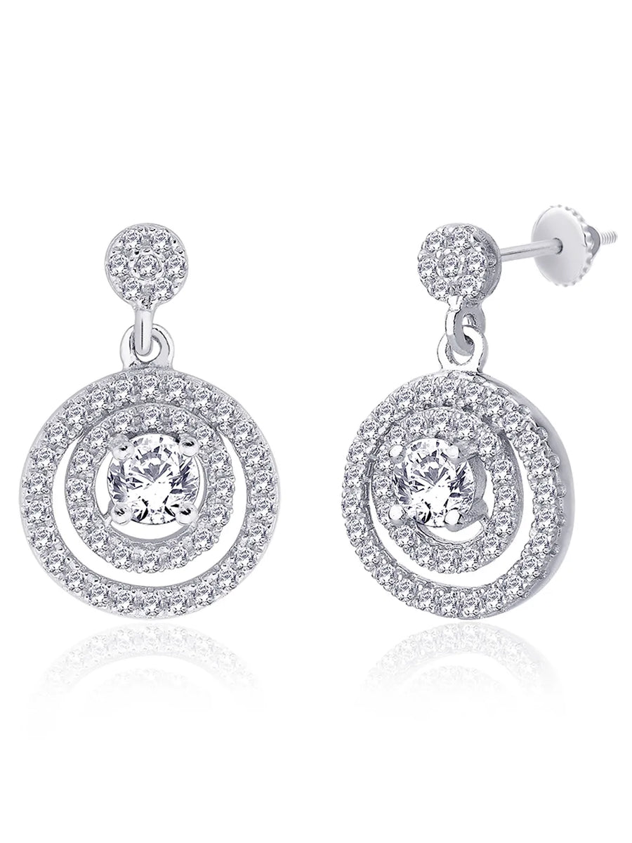 Double Ring Drop Earrings Rhodium Plated