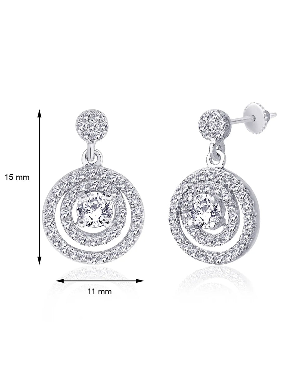 Double Ring Drop Earrings Rhodium Plated